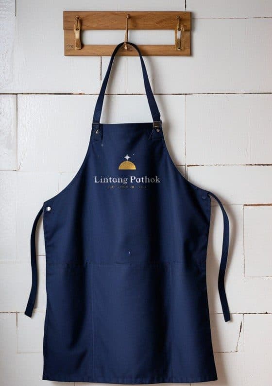 Apron dapur navy dengan logo kecil