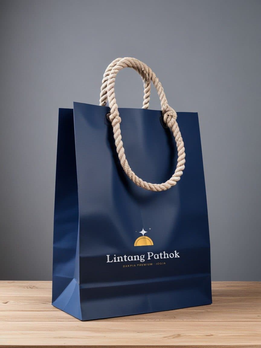 Navy paper bag with the Lintang Pathok logo