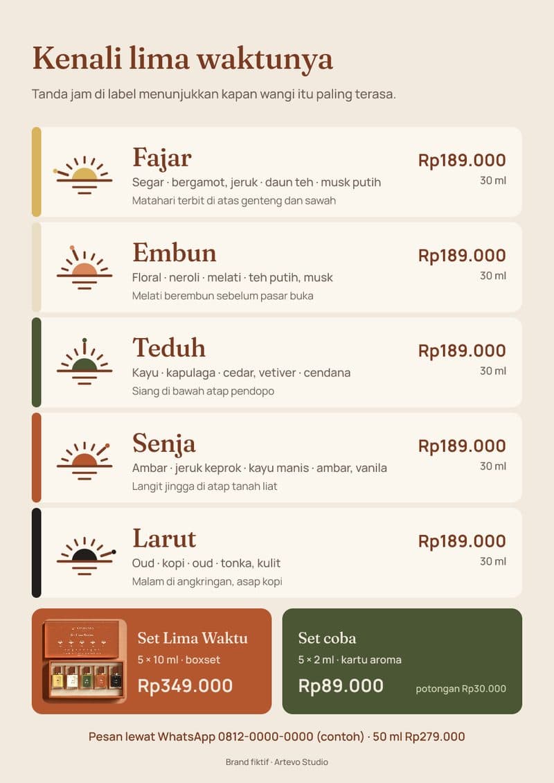 Flyer A5, sisi belakang: lima wangi, jam, dan harganya