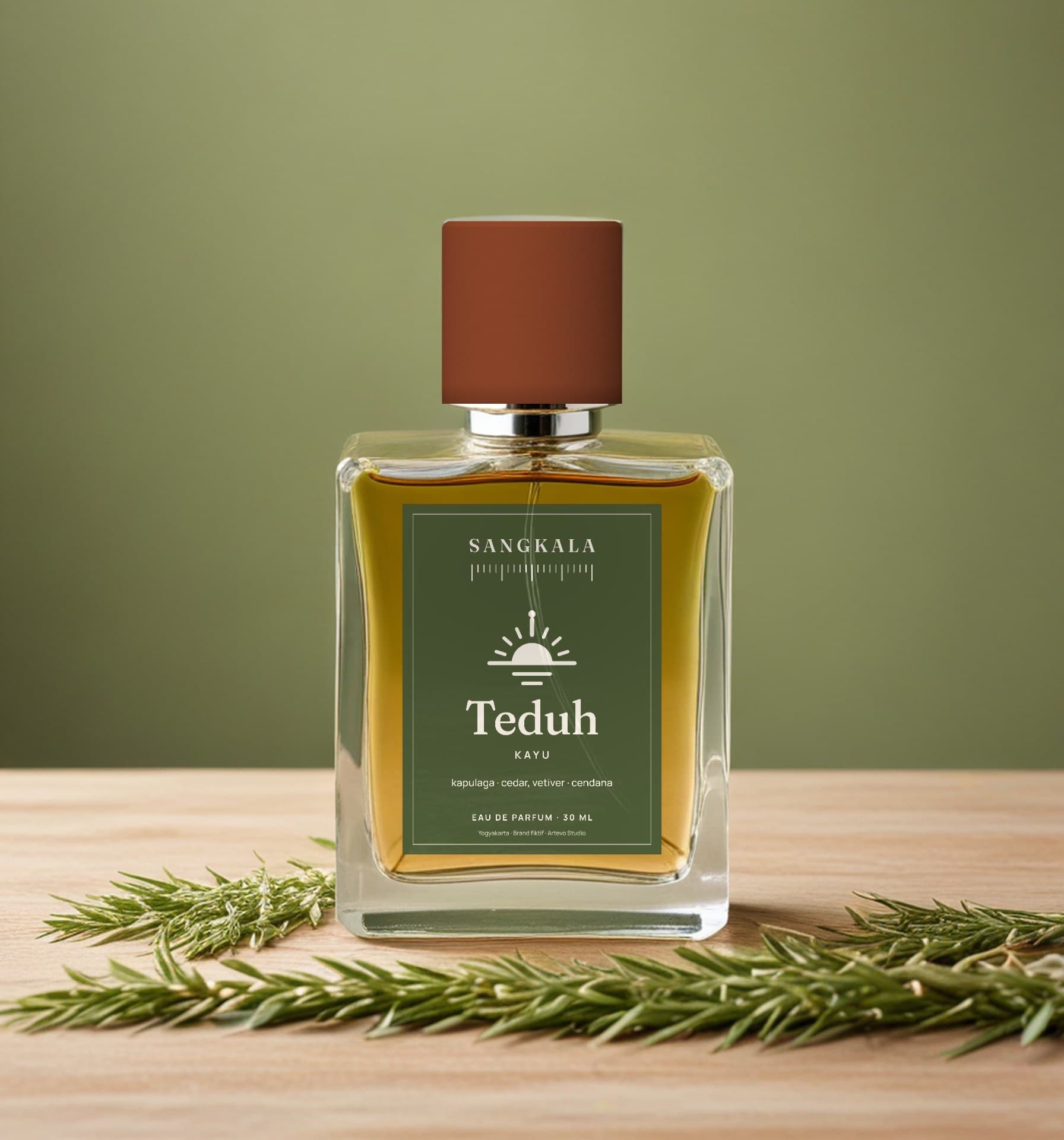 Botol Sangkala Teduh, kayu, dengan labelnya