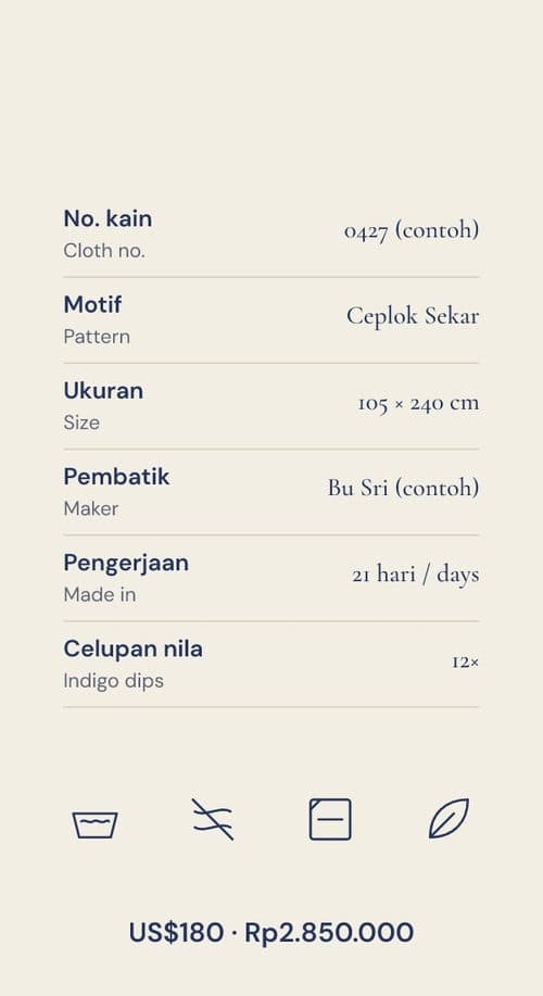 Hang tag, back: cloth details, care icons and price