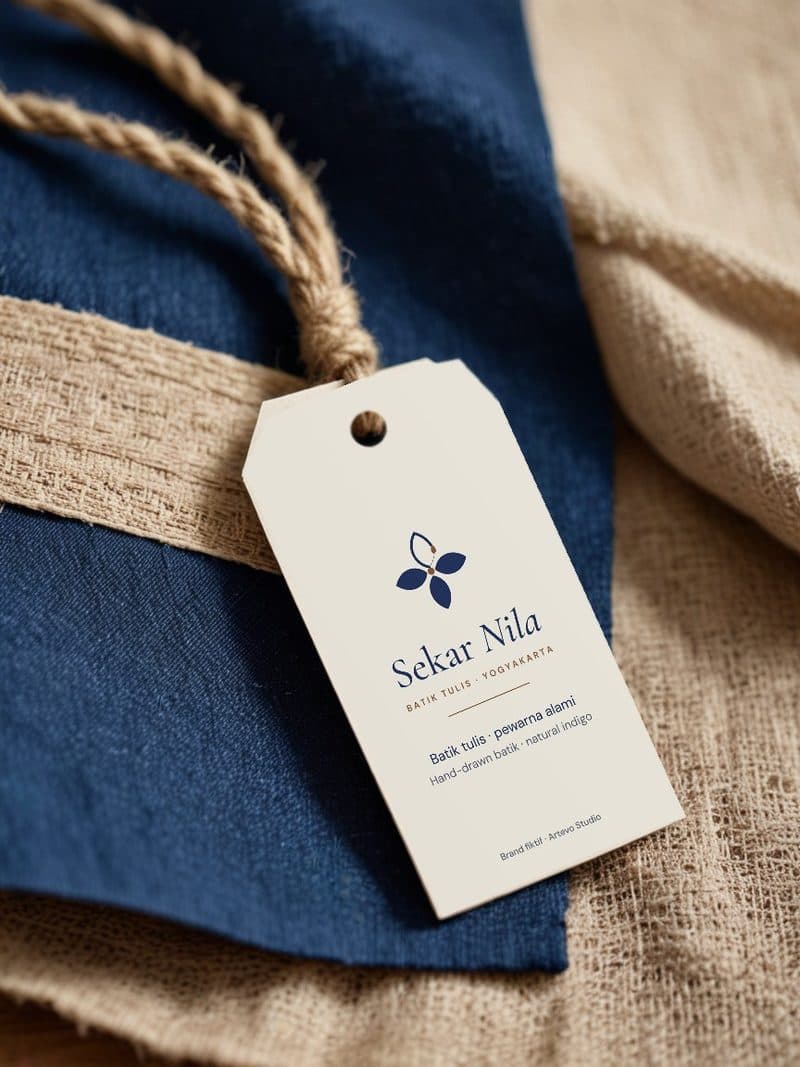 Hang tag tied to a folded indigo cloth