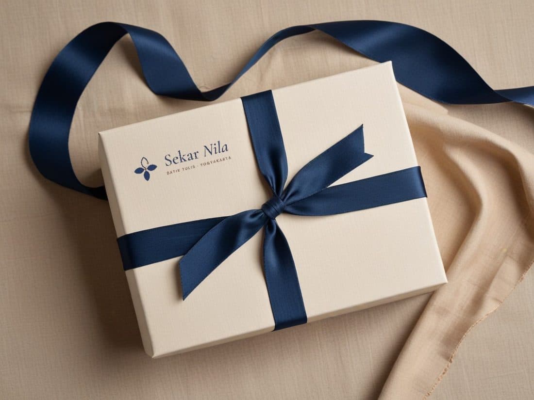 Cream gift box with an indigo ribbon and the Sekar Nila logo
