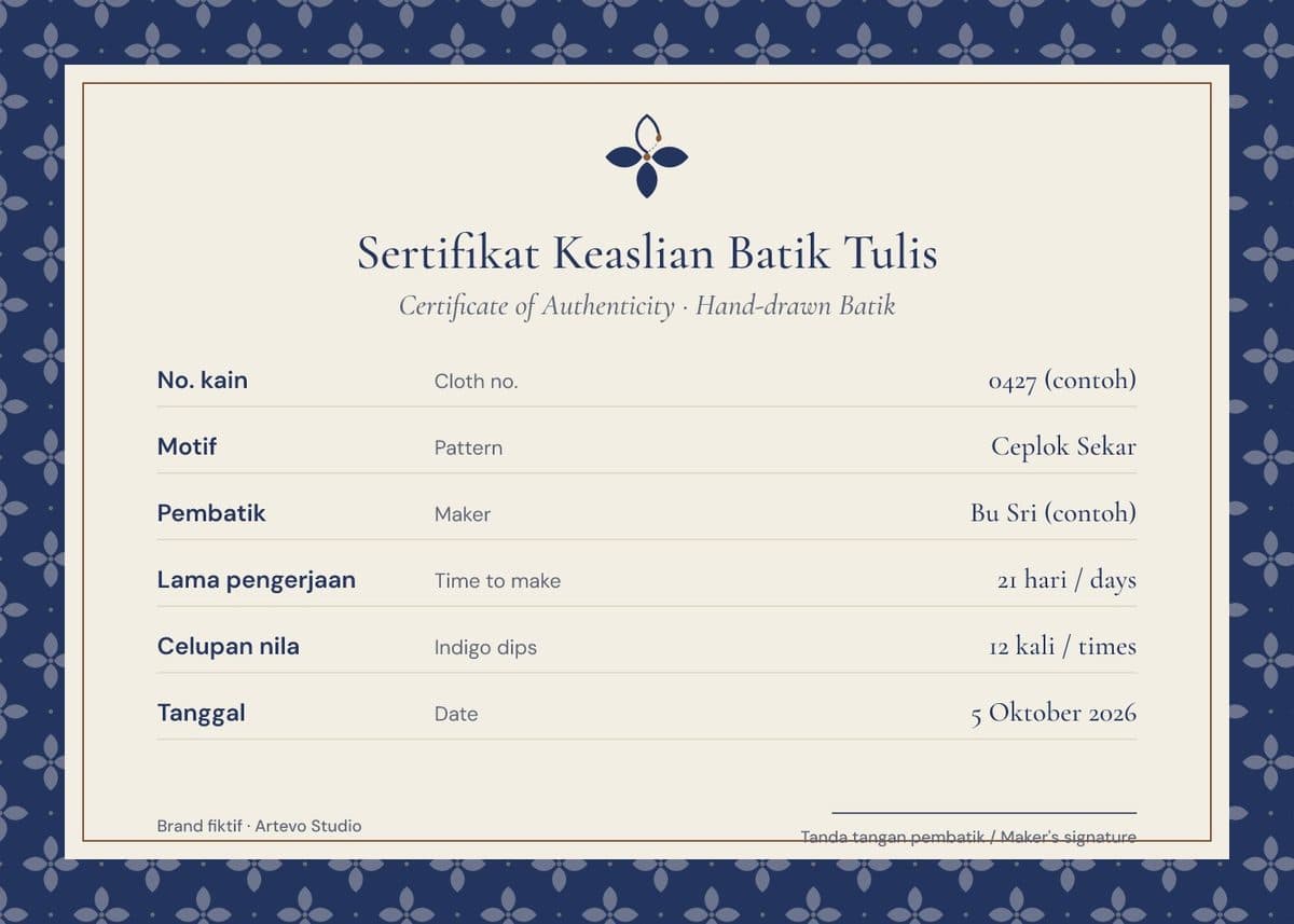Certificate of authenticity for a hand-drawn batik