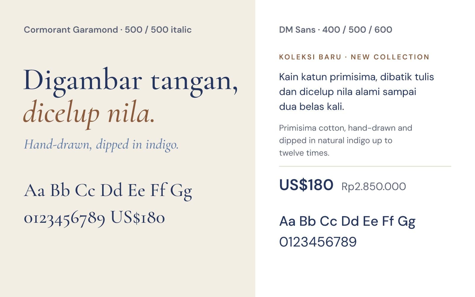 Contoh huruf Cormorant Garamond dan DM Sans, dalam bahasa Indonesia dan Inggris