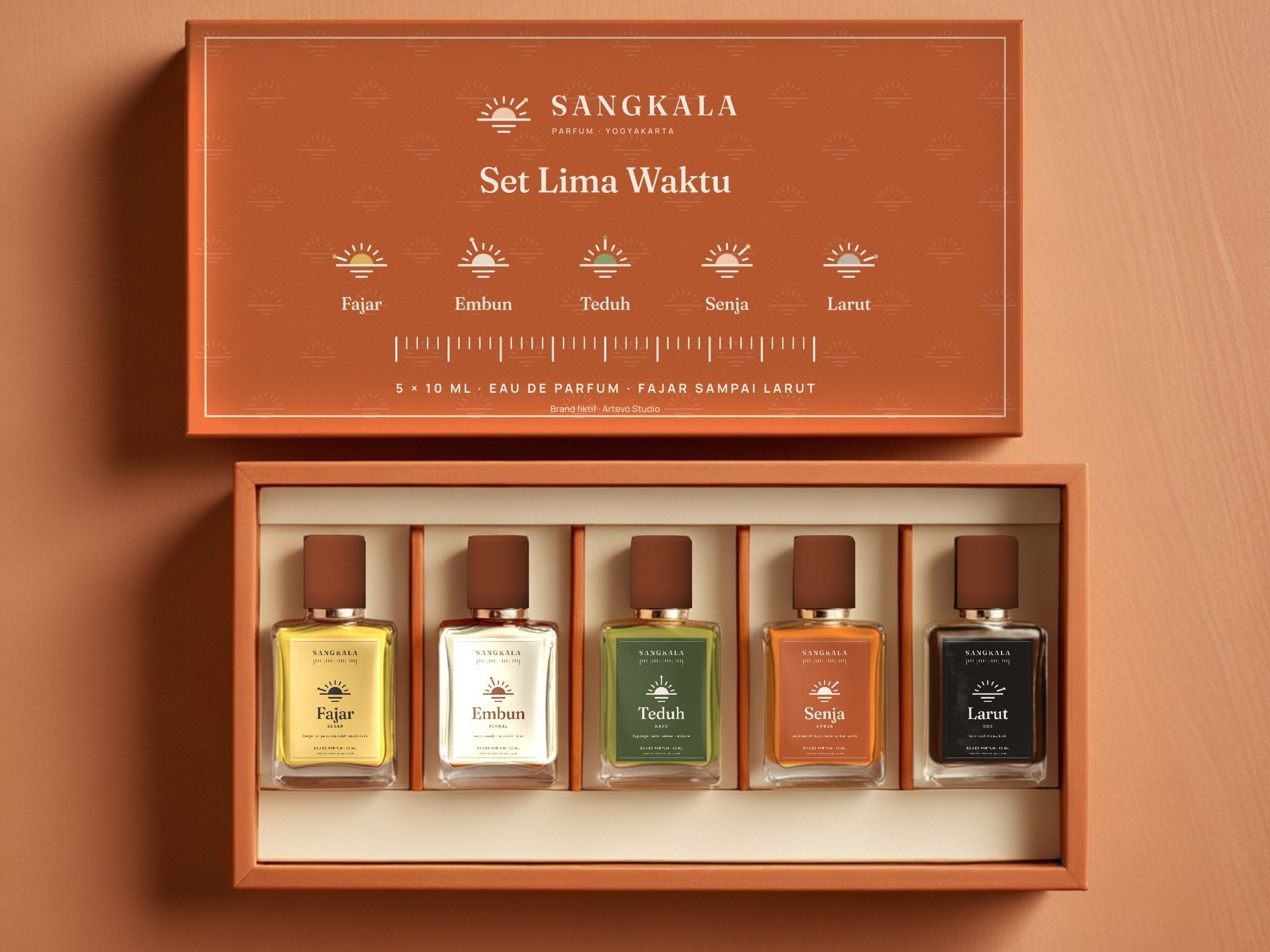 Set Lima Waktu terbuka: lima botol 10 ml, Fajar sampai Larut, di insert krem, tutup boxset terakota berlogo Sangkala di atasnya